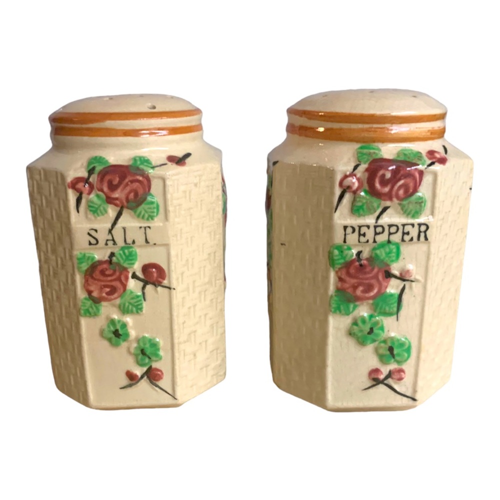 VTG Japan Shabby Chic Rose Floral Basket Weave Extra Large Salt & Pepper Shaker